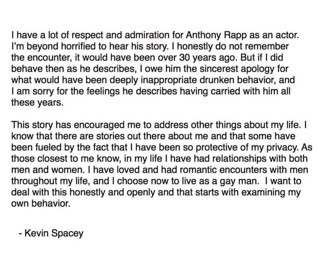 Spacey's public statement regarding the sexual allegations