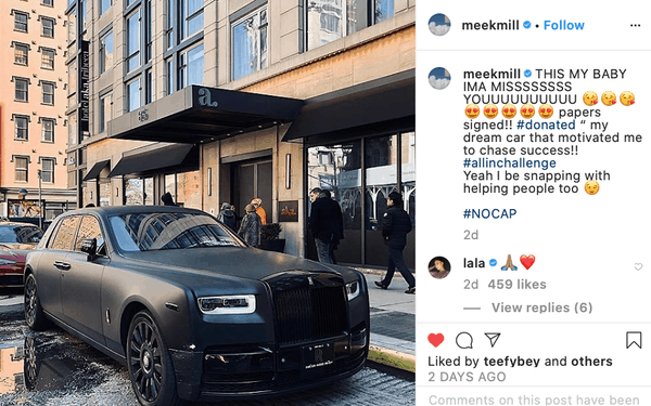 Meek Mill's official announcement after he donates Rolls-Royce Phantom.