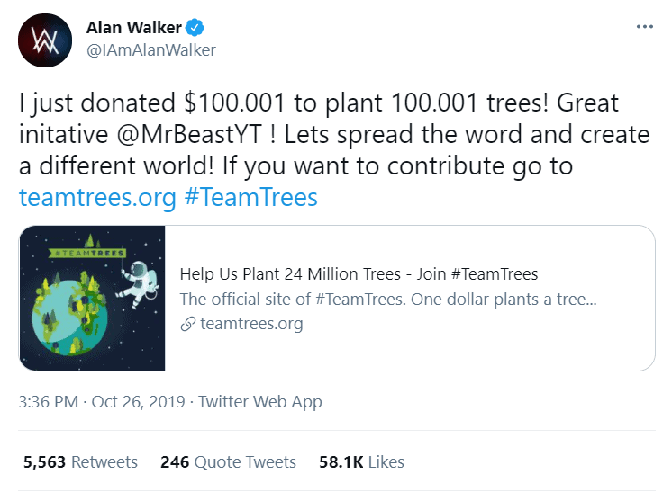 Alan Walker's charity tweet 