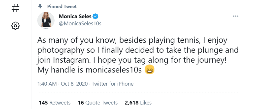 Monica Seles tweets her instagram handle