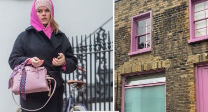 Alice Eve in front of London house with matching outfit