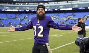 Ravens' safety man Weddle celebrates after victory