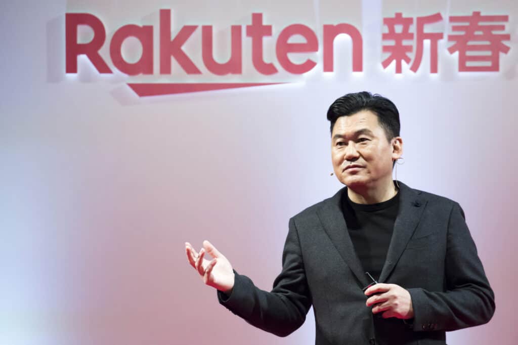 Hiroshi Mikitani, CEO of Rakuten Inc., delivering his words during the company's new year conference in Tokyo, Japan.