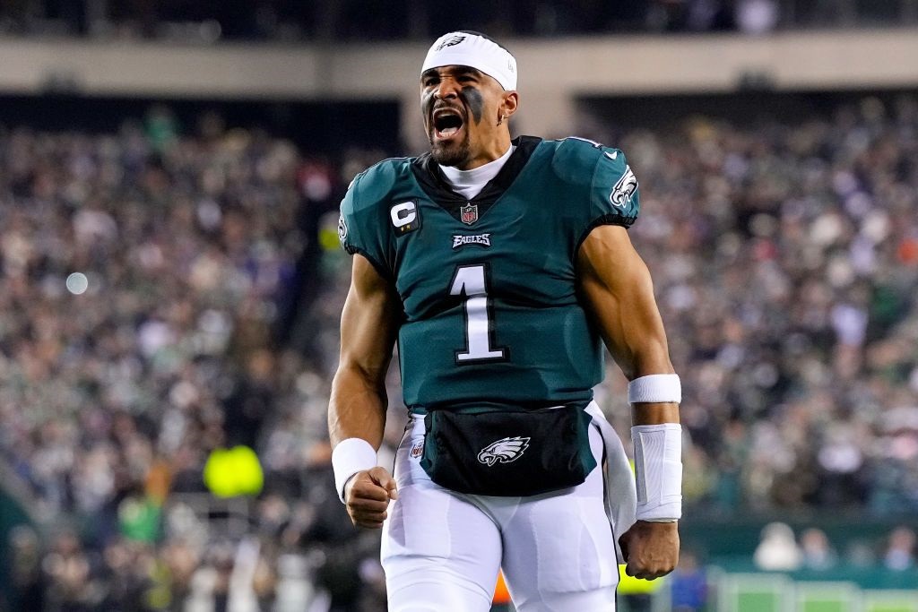 Jalen Hurts of the Philadelphia Eagles reacts prior to a news photo