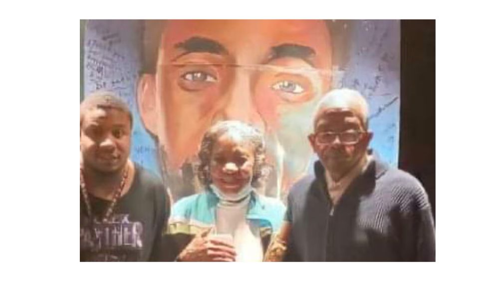 Chadwick Boseman pictured between his parents in a family portrait collage